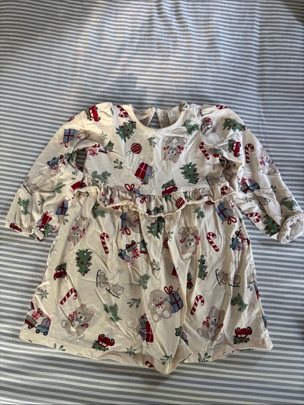 H&M Cream Holiday Print Ruffle-Waist Dress with Red & Green Accents